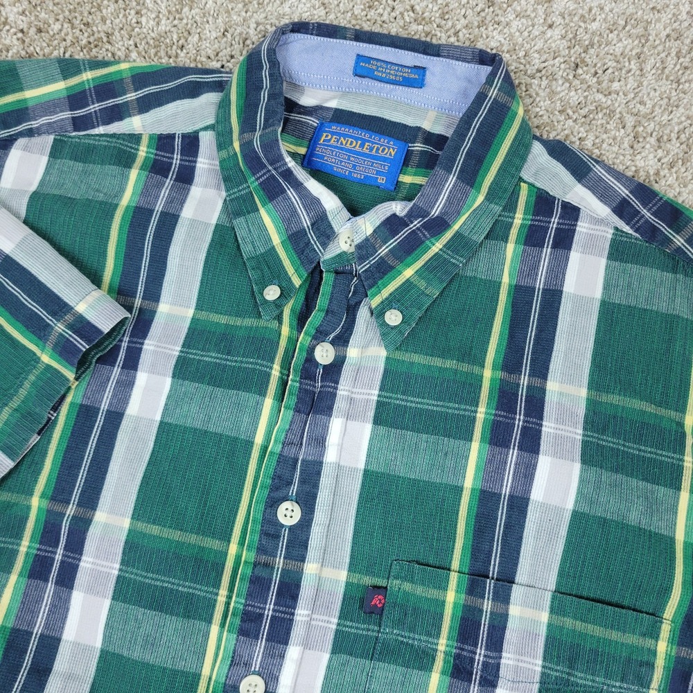 Pendleton Mens Large Green Blue Plaid Corduroy Button Down Short Sleeve